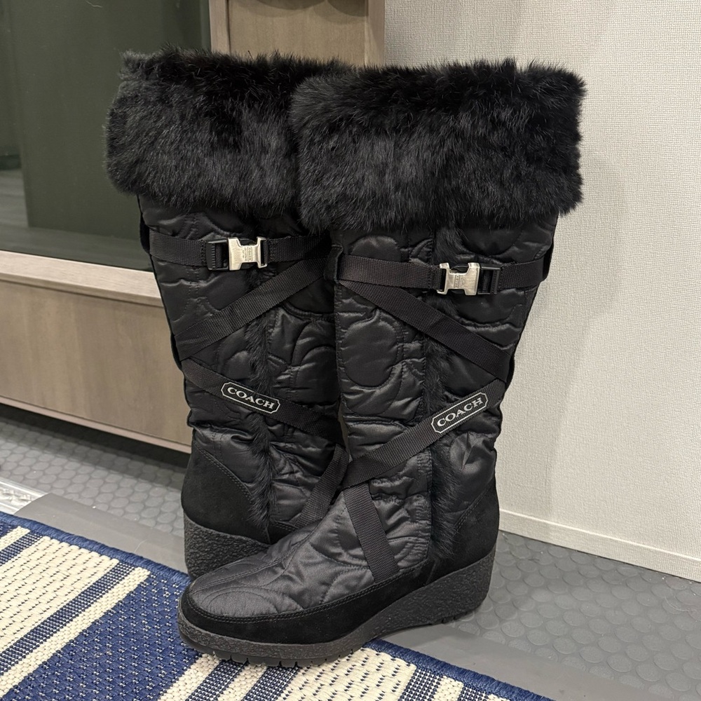 COACH MACKENZIE 7.5  BLACK MONOGRAM NYLON SUEDE WEDGE BOOT WINTER